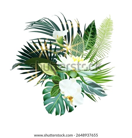 White lotus tropical vector design bouquet. White orchid, anthurium, calla lily, palm and monstera green leaves. Tropical wedding floral. Island exotic greenery. All elements are isolated and editable