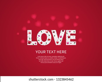 white love concept design shape from gift box, heart balloons, rose, love icons on red background for greeting card, invitation, logo, poster, wallpaper and banner