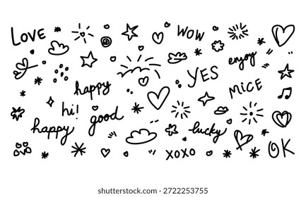 Weiße Liebe Doodle-Muster mit Herzen und Symbolen auf schwarzem Hintergrund
