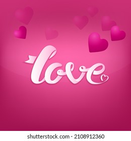 White Love Font With Glossy Hearts Decorated On Red Background.