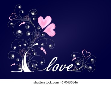white love tree with curls and pink hearts on a dark blue background