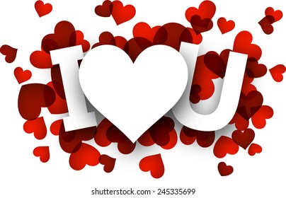 White I love u sign over red hearts. Vector holiday illustration. 