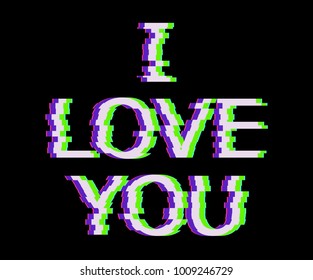 White i love you text in Glitch Style. Vector Heart Illustration with, Modern and Trendy Silhouette