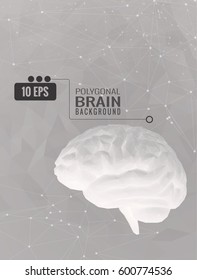 White low poly brain on light gray abstract geometric connected dots graphic background