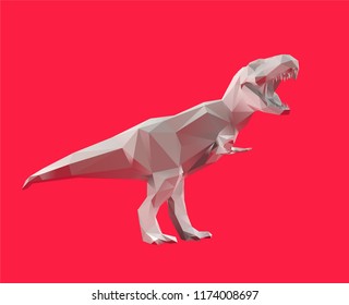 White Low Poly Vector Dinosaur Polygonal Tyrannosaurus on Red 3D Rendering