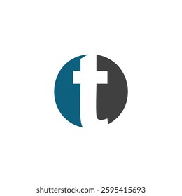 A white lowercase letter "t" with a slightly stylized, rounded design, placed within a circle divided into two color sections: a dark blue upper half and a dark gray lower half, against a white backgr