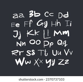 White lowercase and uppercase letters on a black background. Fashionable modern funny children's playful font hand-drawn. Latin alphabet. Lettering. Vector alphabet.