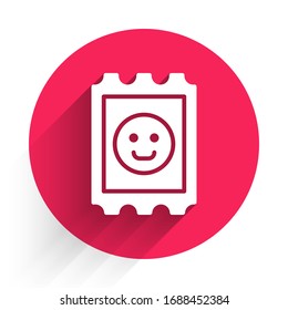 White LSD Acid Mark Icon Isolated With Long Shadow. Acid Narcotic. Postmark. Postage Stamp. Health Danger. Red Circle Button. Vector Illustration