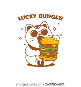 WHITE LUCKY CAT IS HOLDING A HUGE LAYERED BURGER CARTOON LOGO