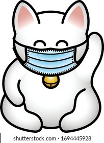 A white lucky cat wearing a medical / procedure / surgical mask.