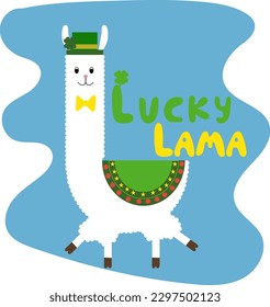 White lucky happy lama in green hat. Saint Patrick's Day. March 17. Stock vector illustration.