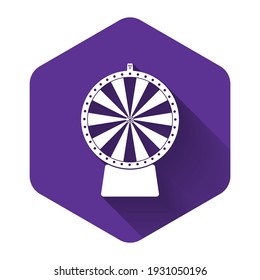 White Lucky wheel icon isolated with long shadow. Purple hexagon button. Vector Illustration