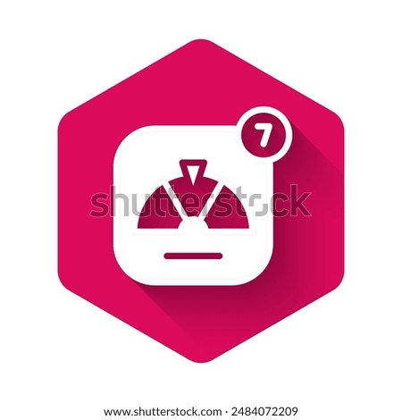 White Lucky wheel icon isolated with long shadow background. Pink hexagon button. Vector