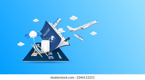 White luggage bag, air ticket float away from passport with airplane is taking off and cloud on credit card. For media tourism ad design. Travel transport concept. 3D Vector EPS10.