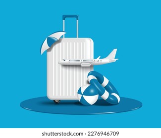 white luggage or suitcase placed on water and on top of it is an umbrella there is  plane in front and there was inflatable ball and  blue lifebuoy placed next to it ,vector 3d for summer travel