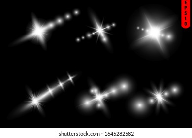 White luminous light explodes on a black background. Sparkling magic dust particles. Bright Star. Transparent shining sun, bright flash. Vector sparkles.