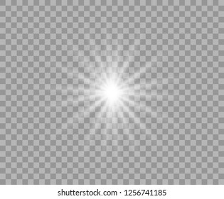 White luminous transparent light. Vector Christmas star, a bright flash of light. Glitter element on isolated transparent background. With the possibility of overlay.