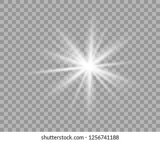 White luminous transparent light. Vector Christmas star, a bright flash of light. Glitter element on isolated transparent background. With the possibility of overlay.