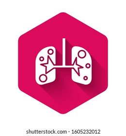 White Lungs icon isolated with long shadow. Pink hexagon button. Vector Illustration