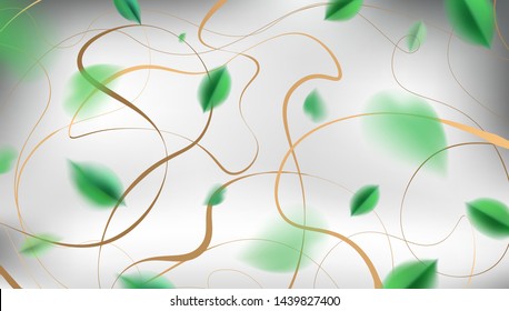 White luxury abstract background with flying green spring leaves and golden geometric elegant decoration vector design