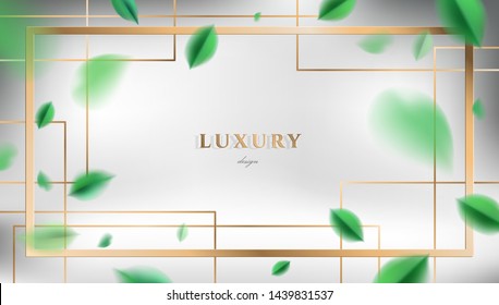 White luxury abstract background with flying green spring leaves and golden frame elegant decoration vector design