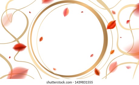 White luxury abstract background with flying red autumn leaves and golden frame decoration vector design