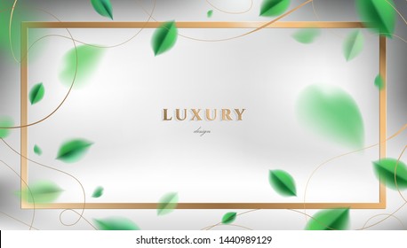 White luxury abstract background with flying green spring leaves and golden frame elegant decoration vector design