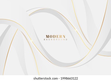 White luxury abstract background with golden waves lines and shadows. Modern futuristic geometric element design. Simple luxury style. Suit for cover, poster, advertising, banner. Vector illustration