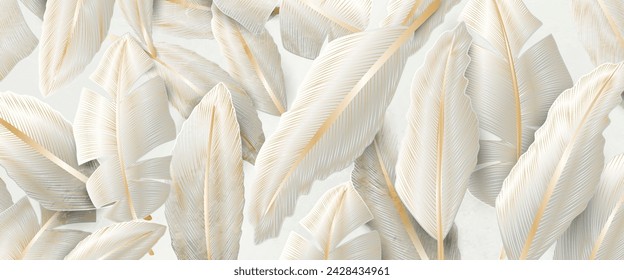 White luxury art background with tropical leaves or feathers with golden elements in line style. Botanical banner for decoration, print, textile, wallpaper, packaging, interior design.