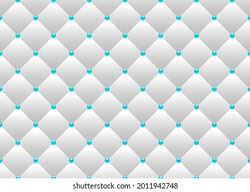 White luxury background with blue beads and rhombuses. Seamless vector illustration. 