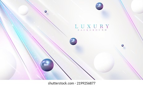 White luxury background with diagonal rainbow lines with ball decoration and sparkling light effect element.