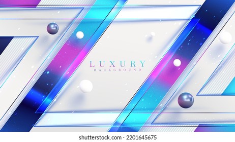 White luxury background with diagonal rainbow lines with ball decoration and sparkling light effect element.