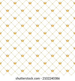 White luxury background with golden crowns and beads. Seamless vector illustration.