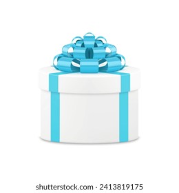 Casilla de regalo de círculo de lujo blanco con lazo de la proa azul paquete festivo Icono 3d ilustración vectorial realista. Costoso y elegante paquete de redondeo para vacaciones regalo sorpresa de cumpleaños de almacenamiento de felicitaciones