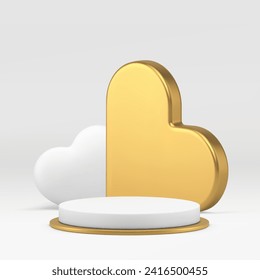 White luxury cylinder 3d podium pedestal with golden heart wall for product show realistic vector background. Premium advertising showroom romantic studio interior for commercial presentation
