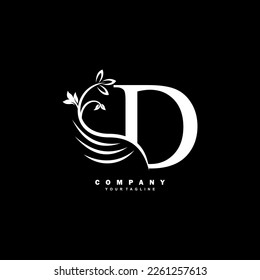 white luxury D letter logo with beautiful floral and feather ornament. feather logo. D typography, D monogram. Suitable for business logos, brands, companies, boutiques, beauty logos, etc