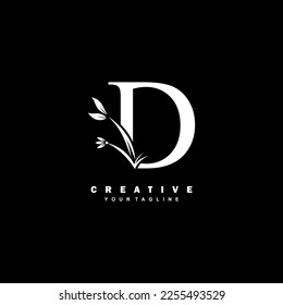 diseño de logotipo D de lujo blanco con una hermosa decoración de adorno floral y de hoja. logotipo de la letra D inicial. tipografía monograma D. logotipo de pluma
