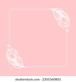 White luxury frame with peacock bird feathers on a pink background. Design for invitations, cards, vector