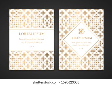 White luxury invitation card design with gold geometric ornament template. Can be used for background and wallpaper. Elegant and classic vector elements great for decoration.