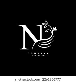 white luxury N letter logo with beautiful floral and feather ornament. feather logo. N typography, N monogram. Suitable for business logos, brands, companies, boutiques, beauty logos, etc