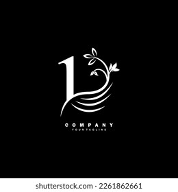 White luxury number 1 logo with beautiful floral and feather ornament. feather logo. Typography 1, monogram 1. Suitable for logos of business, company, annual anniversary, birthday, celebration