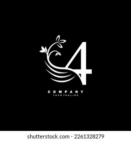 white luxury number 4 logo with beautiful floral and feather ornament. feather logo. Typography 4, monogram 4. Suitable for logos of business, company, annual anniversary, birthday, celebration