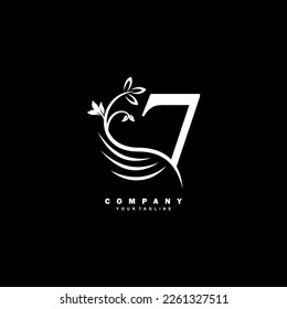 white luxury number 7 logo with beautiful floral and feather ornament. feather logo. Typography 7, monogram 7. Suitable for logos of business, company, annual anniversary, birthday, celebration
