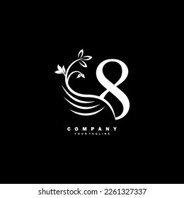 white luxury number 8 logo with beautiful floral and feather ornament. feather logo. Typography 8, monogram 8. Suitable for logos of business, company, annual anniversary, birthday, celebration