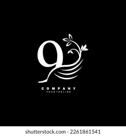 White luxury number 9 logo with beautiful floral and feather ornament. feather logo. Typography 9, monogram 9. Suitable for logos of business, company, annual anniversary, birthday, celebration