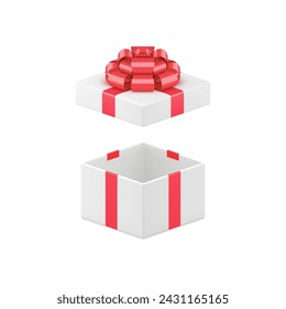 Caja de regalo abierta de lujo blanca con lazo de lazo brillante rojo icono 3d ilustración vectorial realista