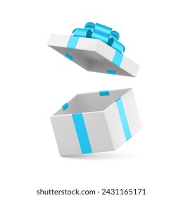 Caja de regalo abierta de lujo blanca que vuela paquete de regalo vacío con lazo de lazo azul icono 3d vector realista
