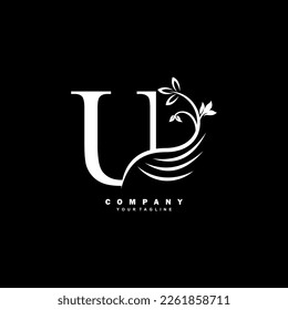 white luxury U letter logo with beautiful floral and feather ornament. feather logo. U typography, U monogram. Suitable for business logos, brands, companies, boutiques, beauty logos, etc