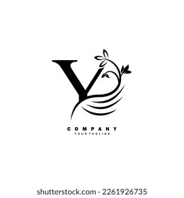 white luxury Y letter logo with beautiful floral and feather ornament. feather logo. Y typography, Y monogram. Suitable for business logos, brands, companies, boutiques, beauty logos, etc