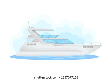 White Luxury Yacht with Cabin as Water Transport Vector Illustration